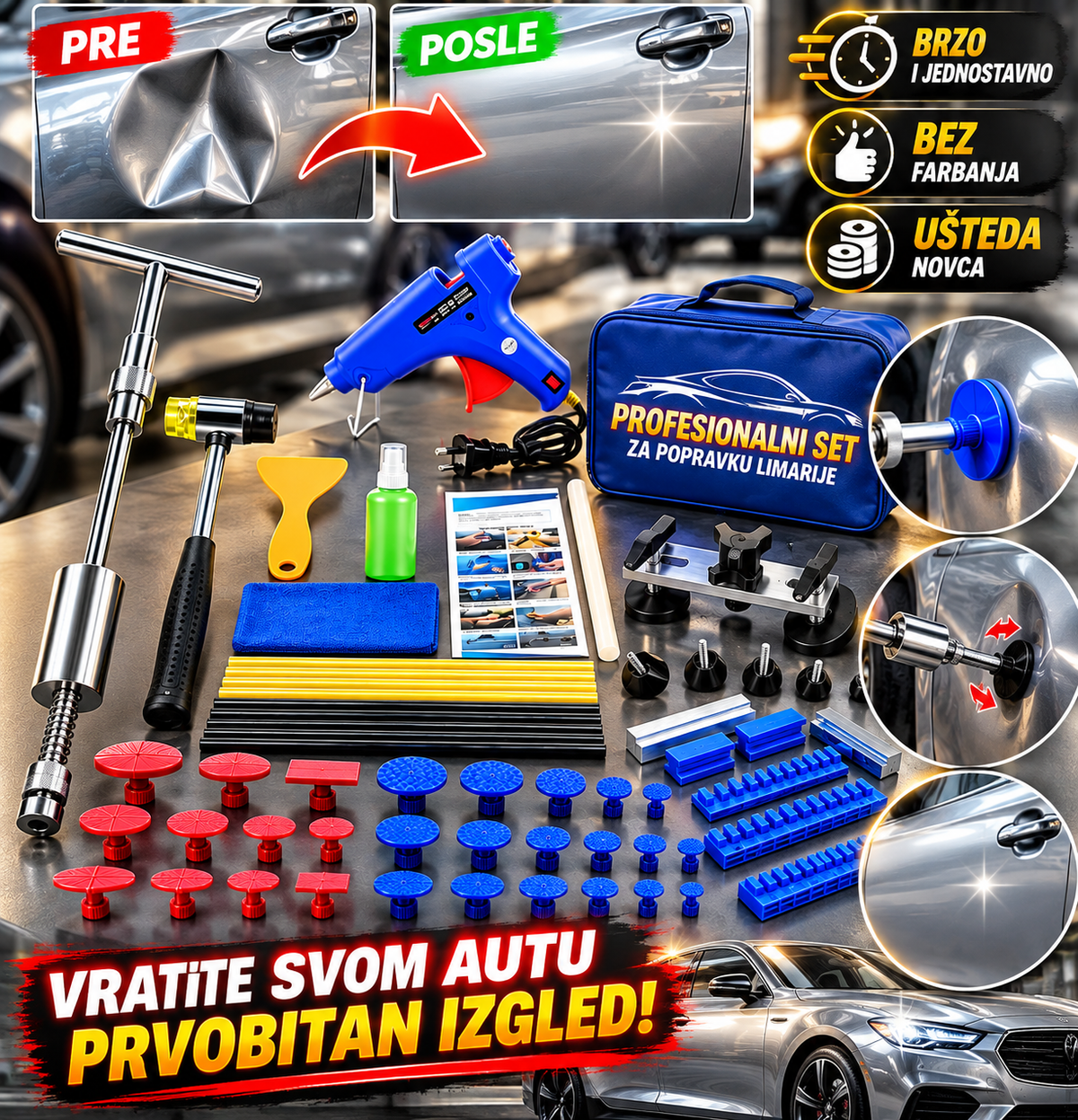 Profesionalni Set za Popravku Limarije Automobila – PDR Alat za Izvlačenje Udubljenja