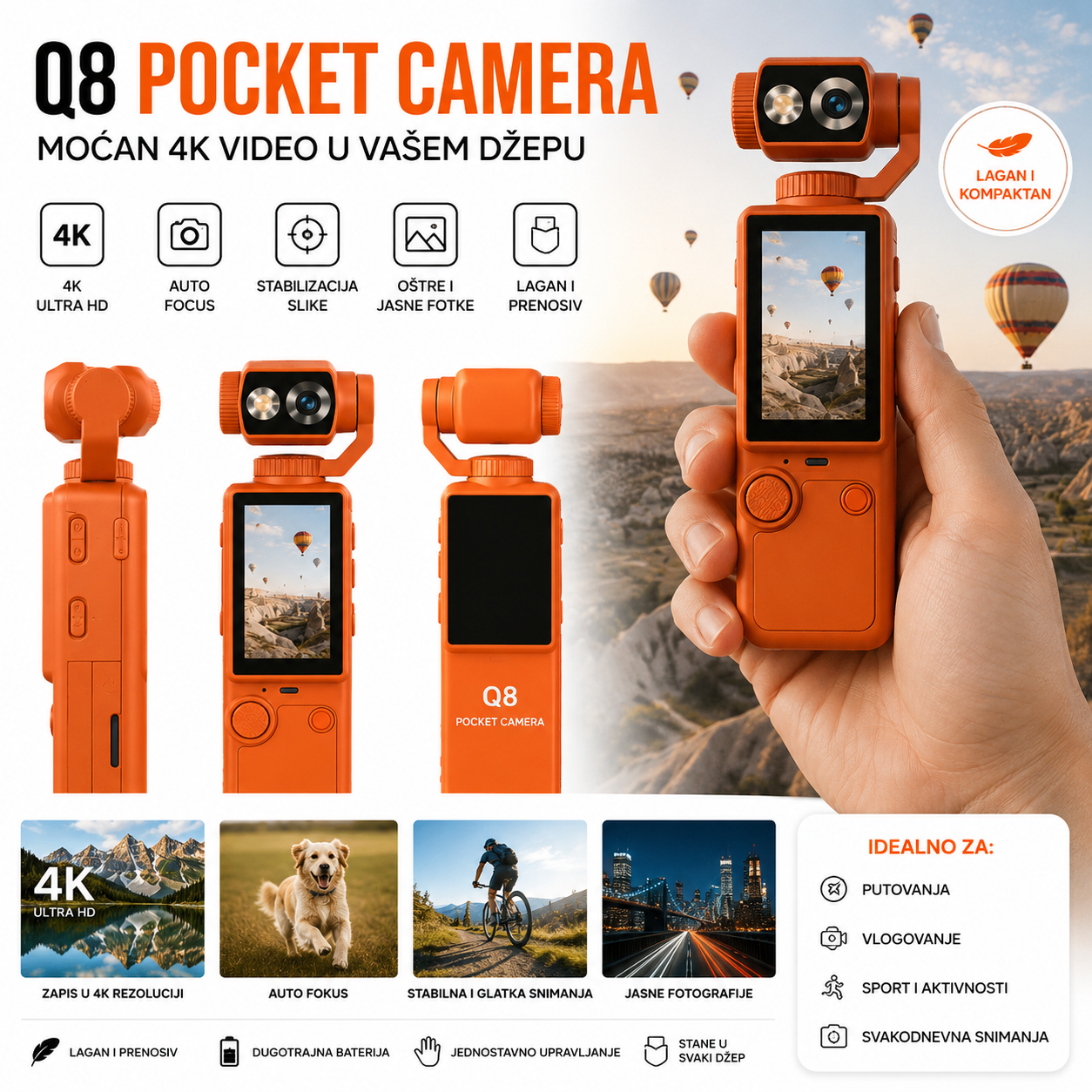 Q8 Džepna Kamera 4K – Ultra HD Mini Kamera sa Auto Fokusom za Profesionalno Snimanje u Pokretu
