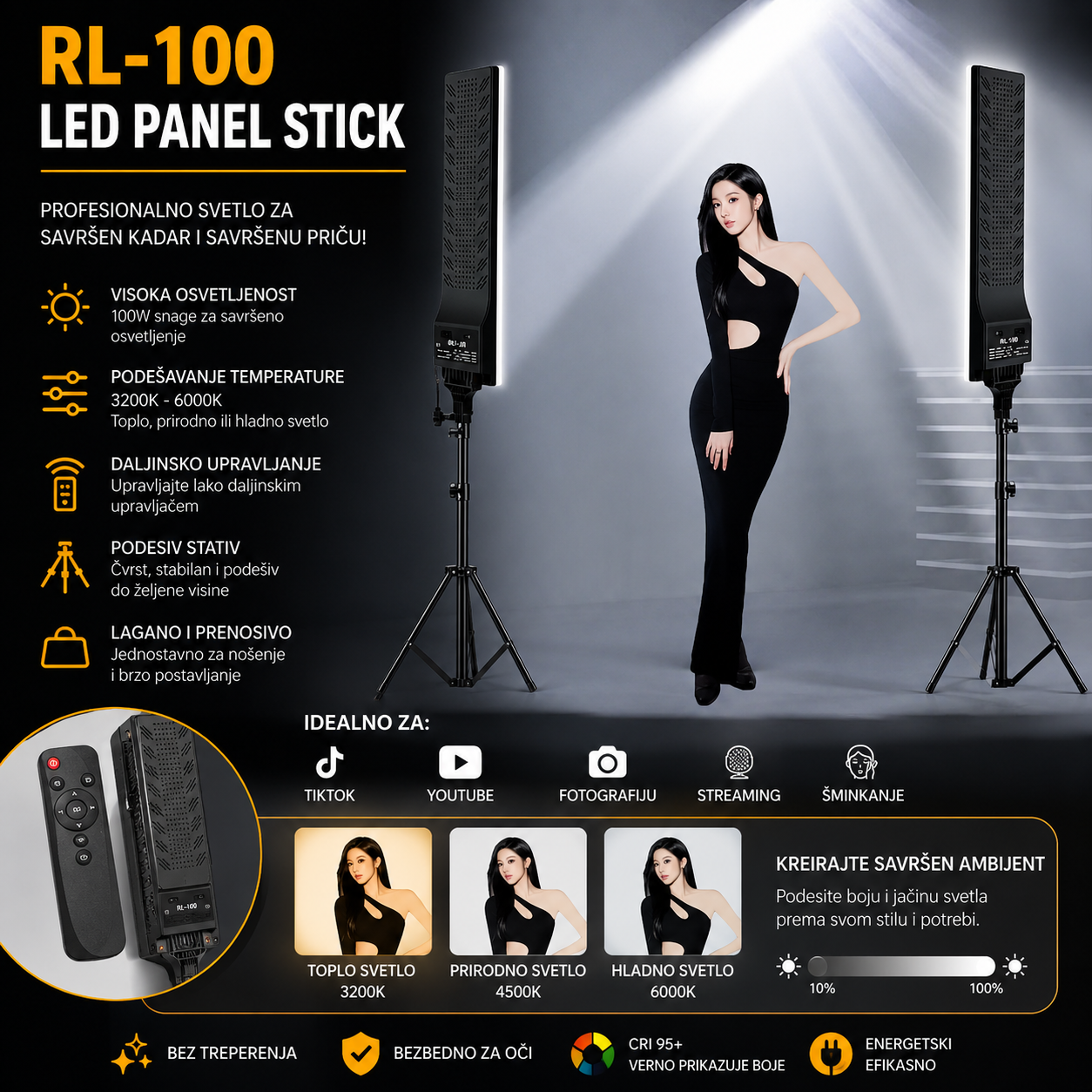 RL-100 Profesionalno LED Studio Svetlo sa Stativom i Daljinskim – TikTok, YouTube, Streaming, Fotografija i Makeup Rasveta