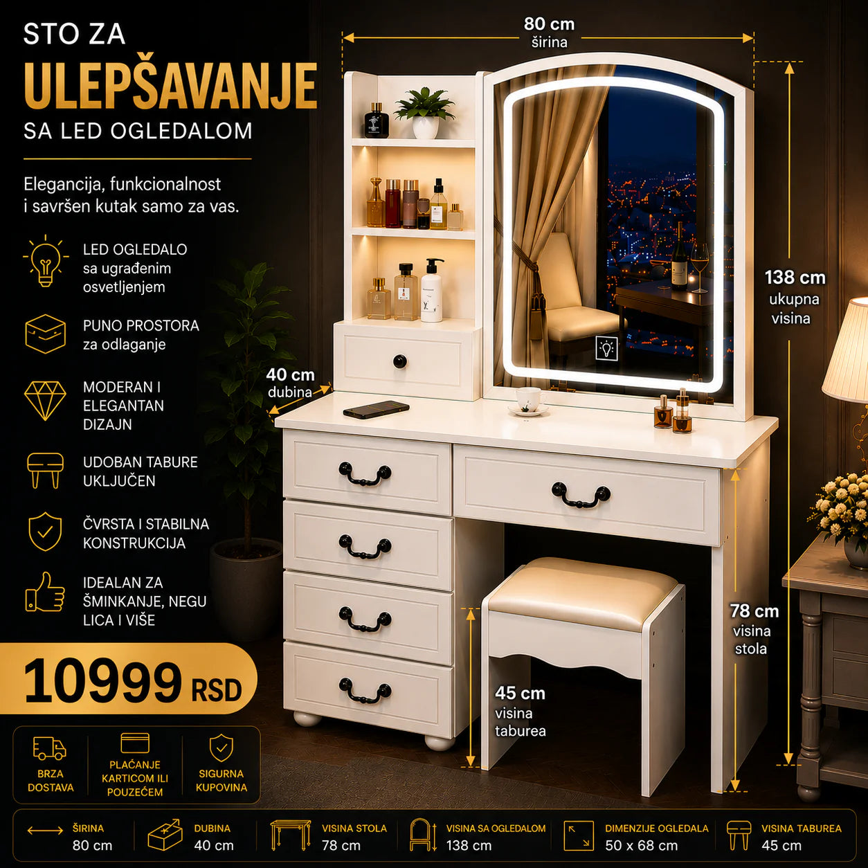 ROYAL Sto za Šminkanje sa LED Ogledalom i Stolicom – Luksuzni Toaletni Sto sa Fiokama za Kozmetiku i Nakit
