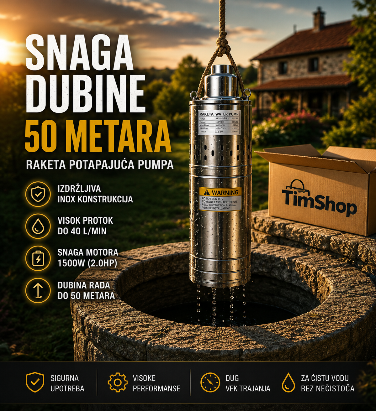 Raketa Potapajuća Pumpa za Bunar – Električna Pumpa za Vodu Dubinskog Tipa za Bunare, Rezervoare i Navodnjavanje
