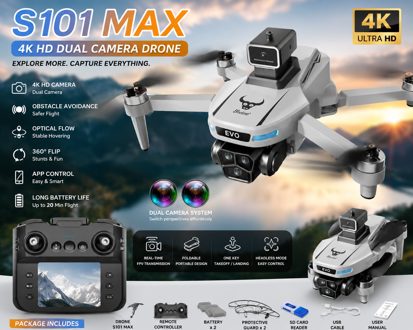 S101 MAX 4K Dron sa Dvostrukom Kamerom – Sklopivi WiFi Dron, FPV Prenos Uživo, Stabilno Lebdenje i Daljinsko Upravljanje