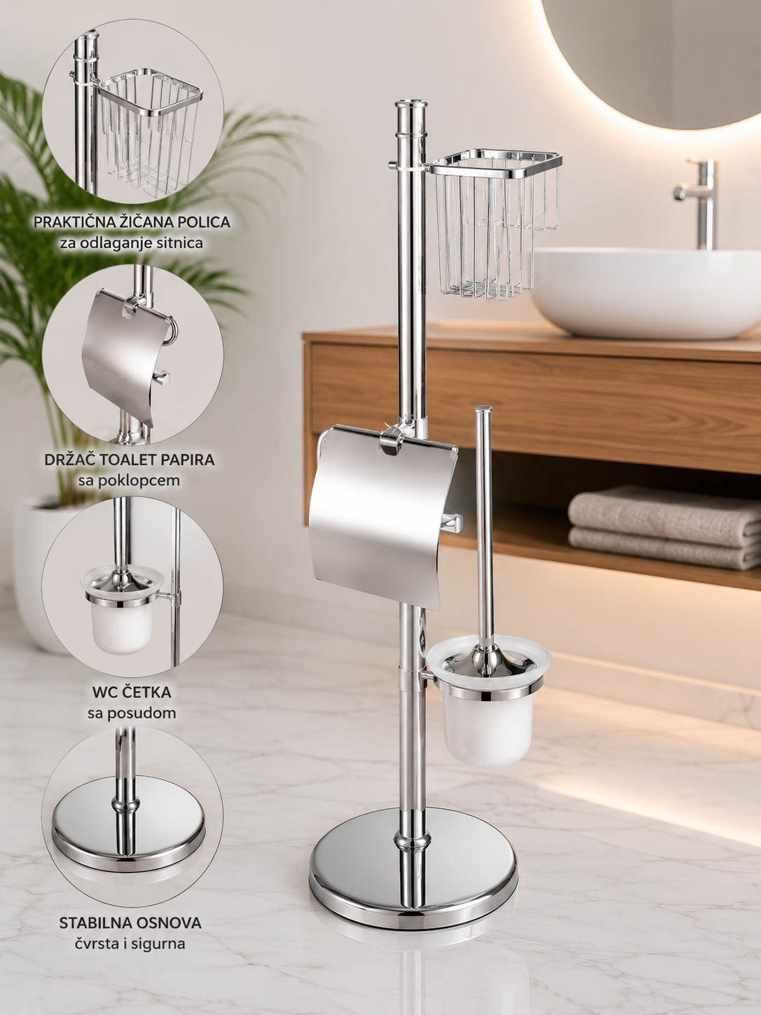 Samostojeći Stalak za WC Papir sa Četkom i Policom 80 cm | Inox Držač za Toalet Papir i WC Četku