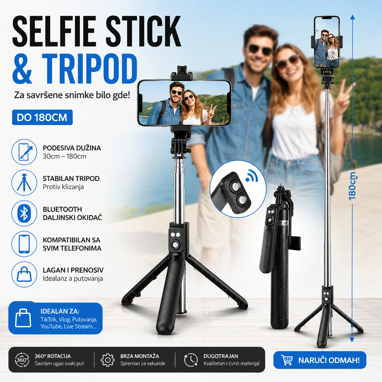 Selfie Stick i Tripod 180cm A14 – Bluetooth Stativ za Telefon sa Daljinskim Okidačem