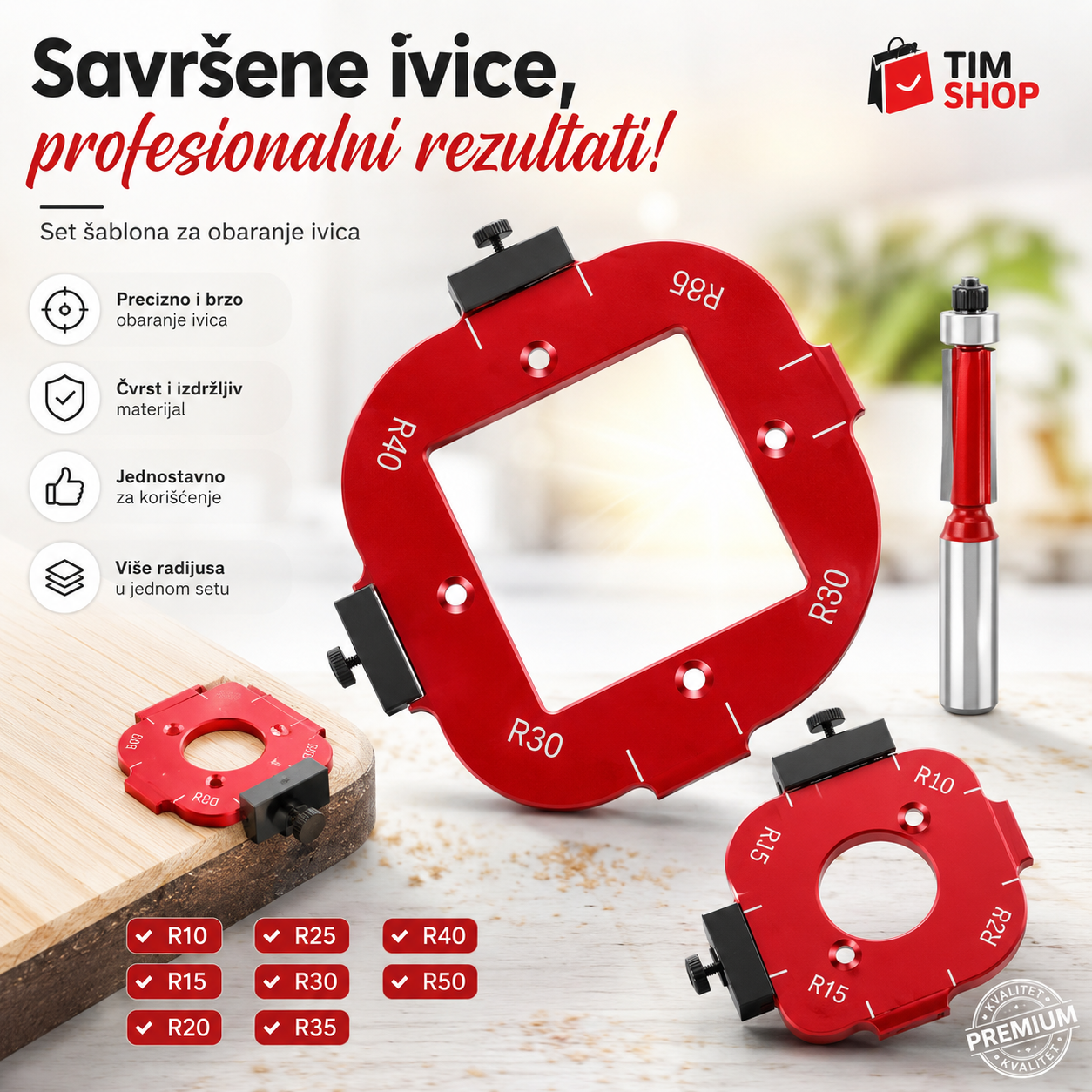 a Obaranje Ivica za Drvo sa Glodalom – Aluminijumski Šabloni za Precizno Zaobljavanje Uglova