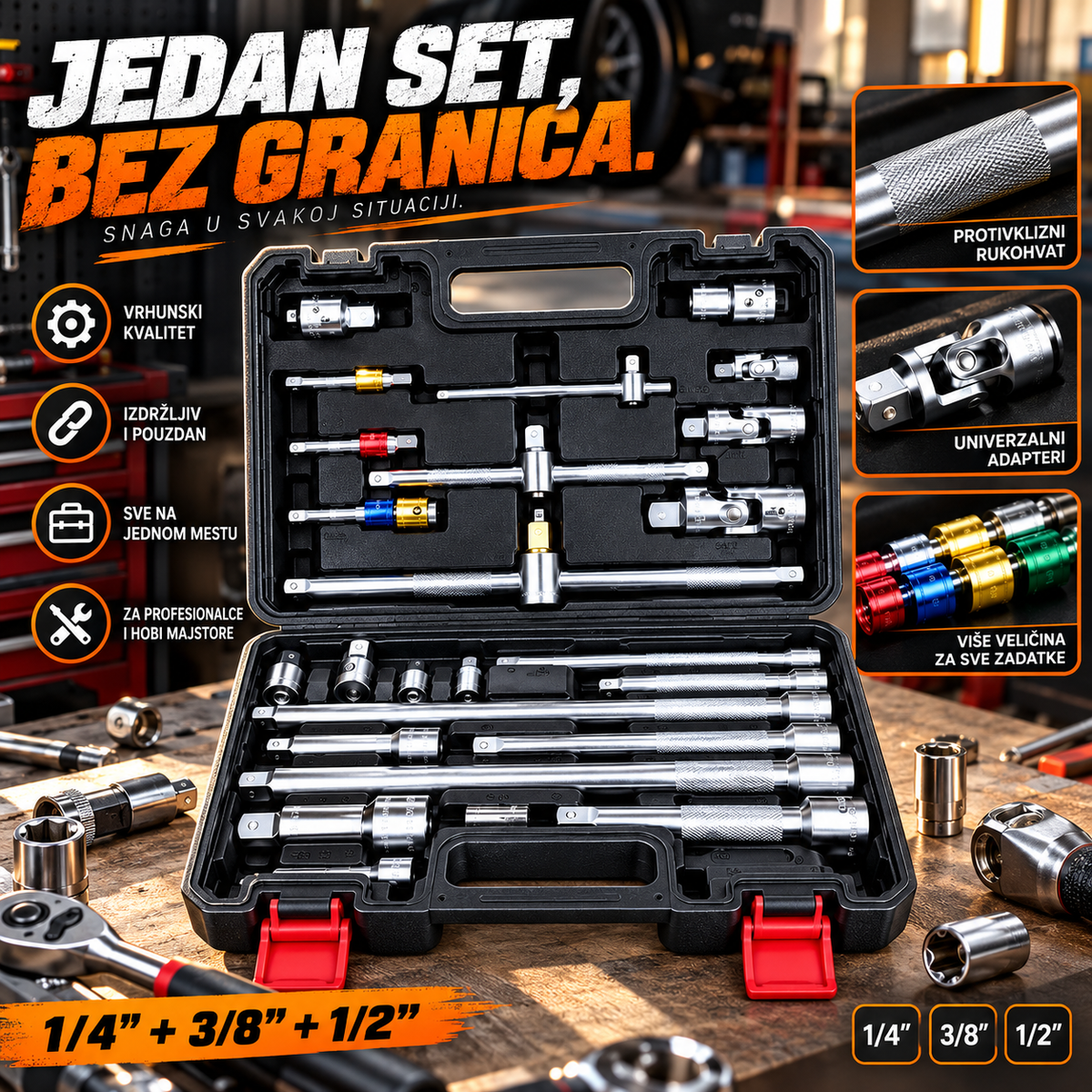Set Adaptera za Gedore 1/4", 3/8" i 1/2" – Profesionalni Set Alata sa Produžecima i Univerzalnim Zglobovima