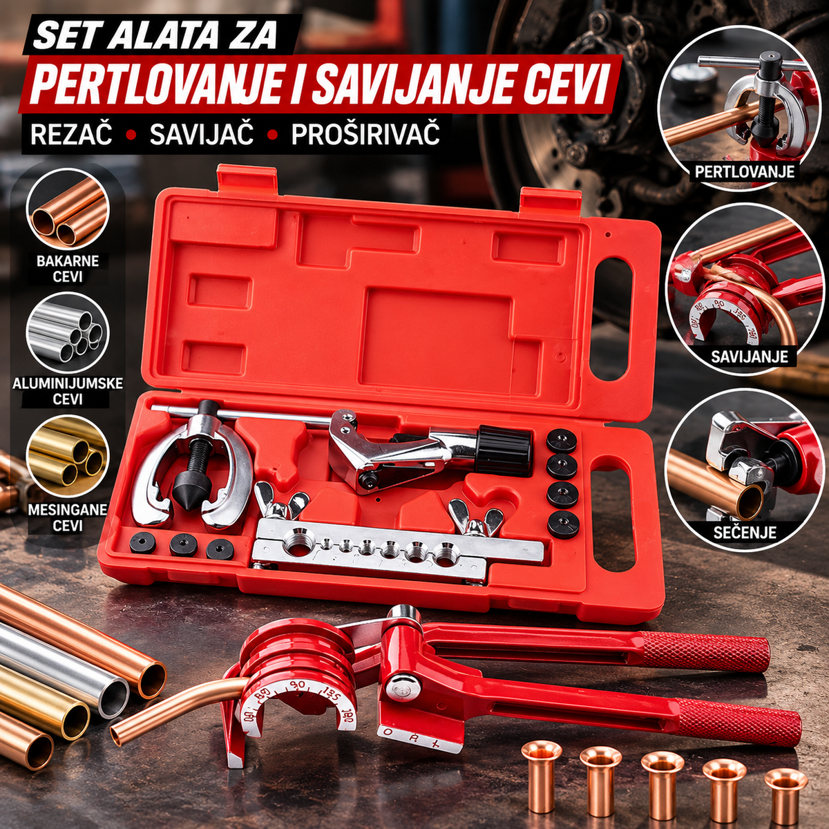 Set Alata za Pertlovanje i Savijanje Cevi – Rezač, Savijač i Alat za Proširivanje Kočionih Cevi