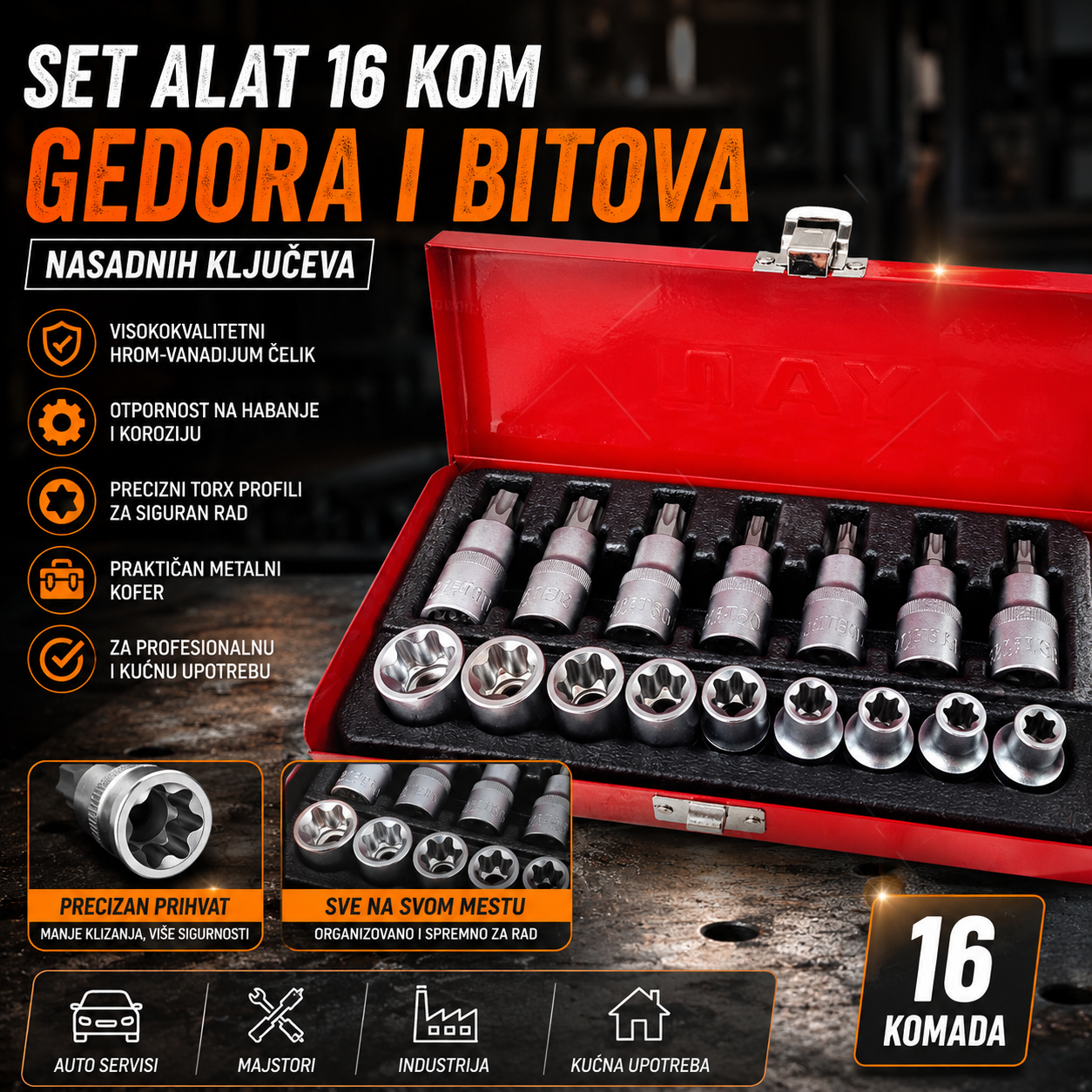 Set Gedora i Bitova 16 Komada – Nasadni Ključevi za Radionicu i Kuću