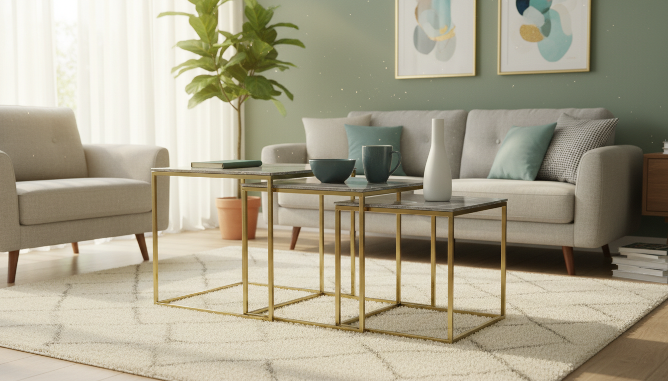 Set od 3 moderna klub stočića – Zlatna metalna konstrukcija i mermerna ploča
