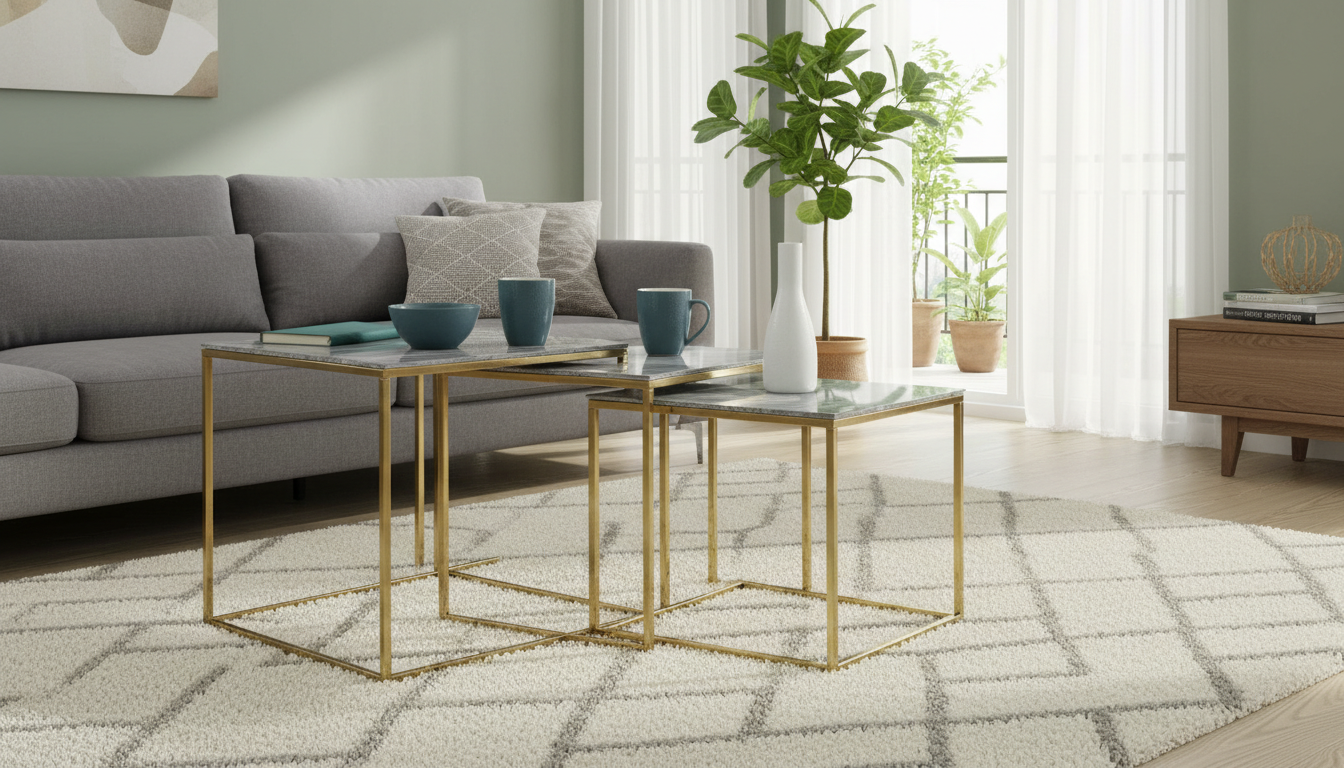 Set od 3 moderna klub stočića – Zlatna metalna konstrukcija i mermerna ploča
