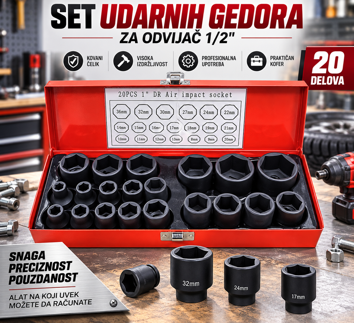 Set Kovanih Gedora za Odvijač 1/2" – 20 Delova, Nasadni Ključevi za Auto, Servis i Radionicu