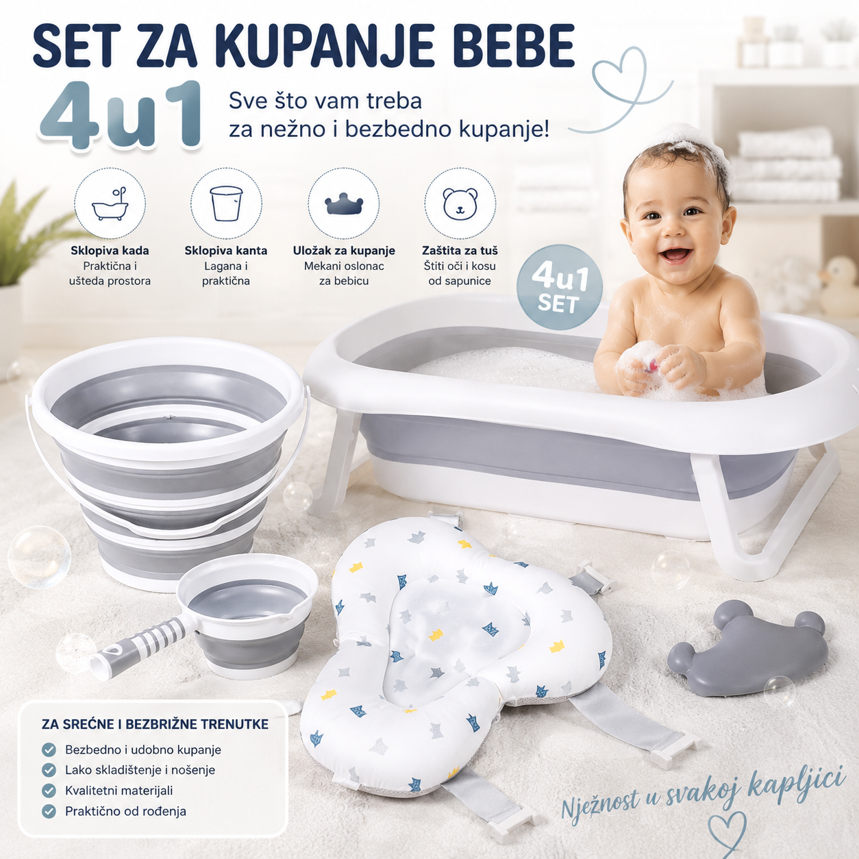 Set za Kupanje Bebe 4u1 – Sklopiva Kadica, Kofa, Bokal i Podloga za Kupanje