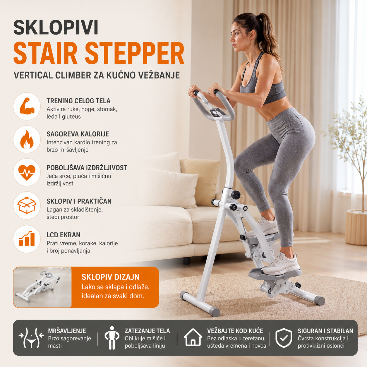 Sklopivi Stair Stepper za Kućno Vežbanje – Vertical Climber Sprava za Kardio, Mršavljenje i Trening Celog Tela