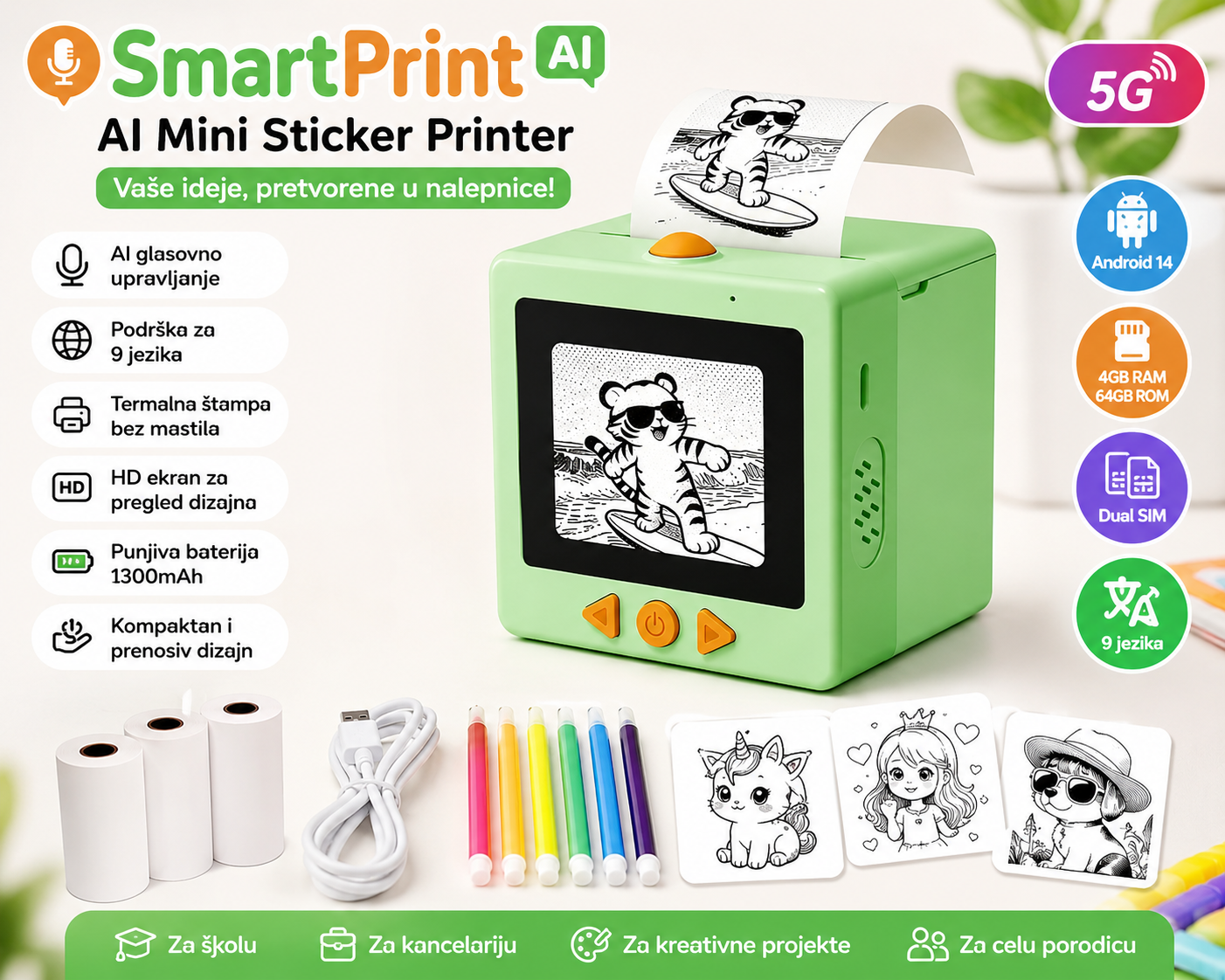 SmartPrint AI Mini Sticker Printer – Prenosivi Termalni Štampač Nalepnica sa Glasovnim Upravljanjem, HD Ekranom i Rolnama Papira za Kreativne