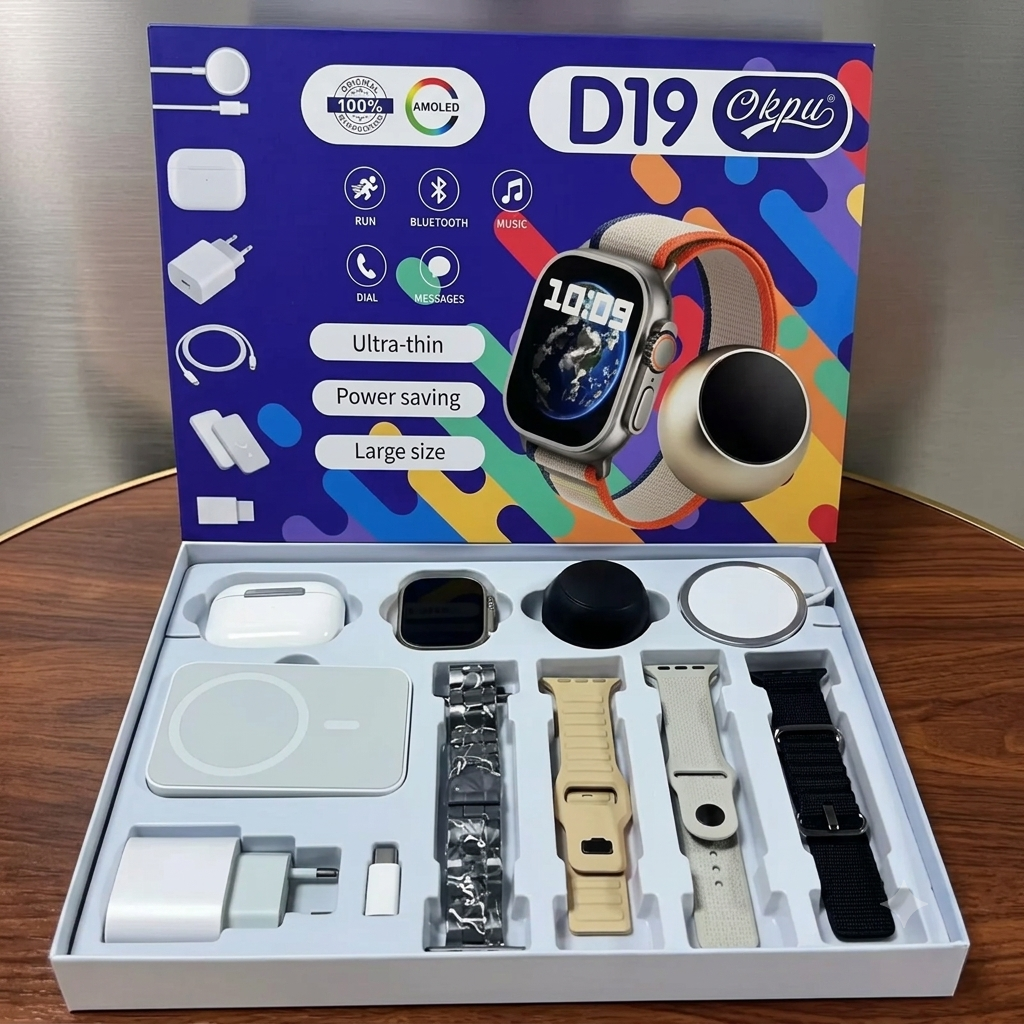 Smart Watch Komplet D19 Ultra – Pametni Sat sa Slušalicama, Bežičnim Punjačem i 4 Narukvice