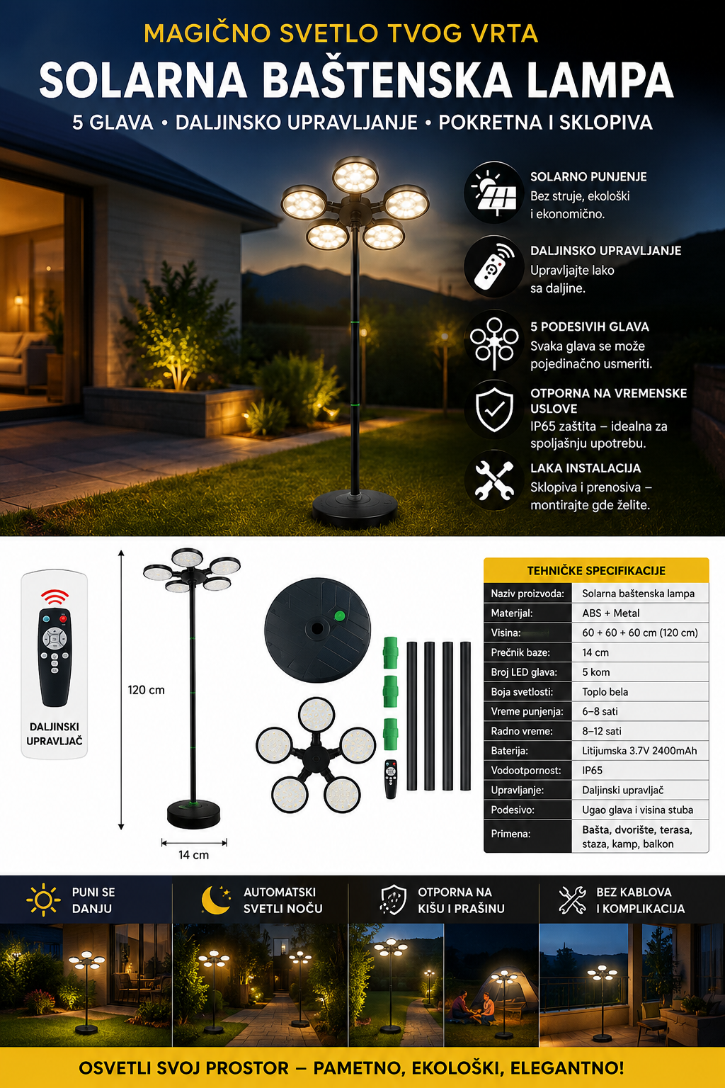 Solarna bastenska lampa sa 5 led glava i daljinskim upravljacem