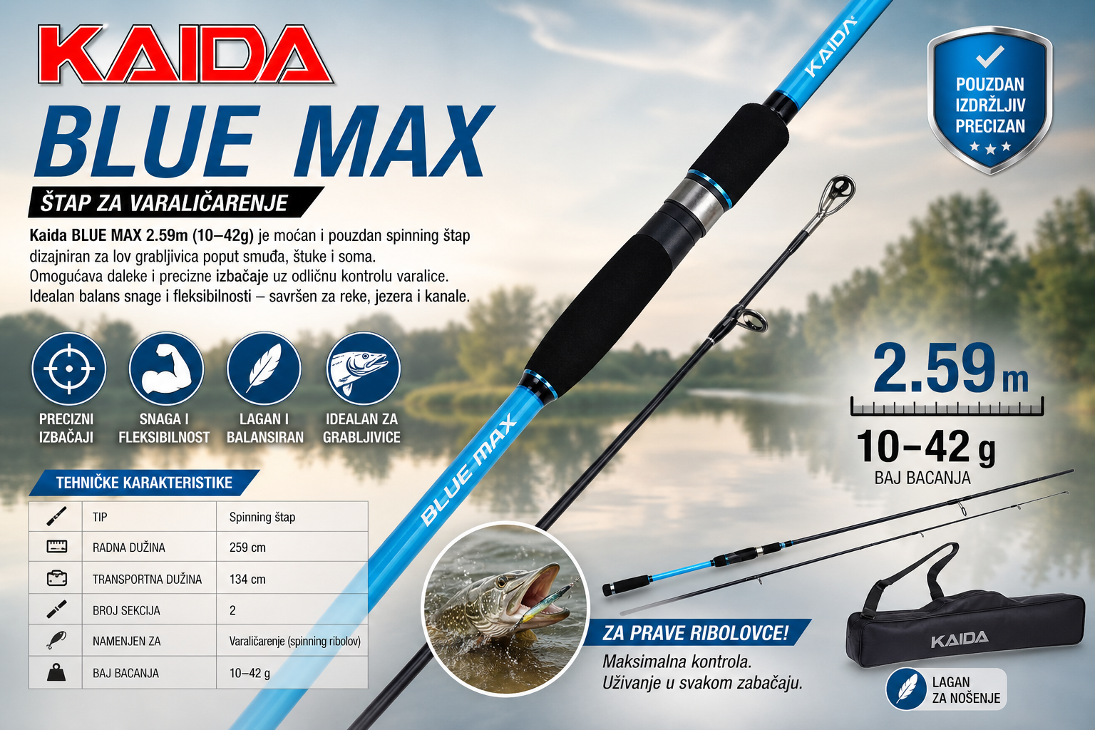 Štap za Varaličarenje Kaida BLUE MAX 2.59m 10–42g – Snažan i Precizan Spinning Štap za Grabljivice