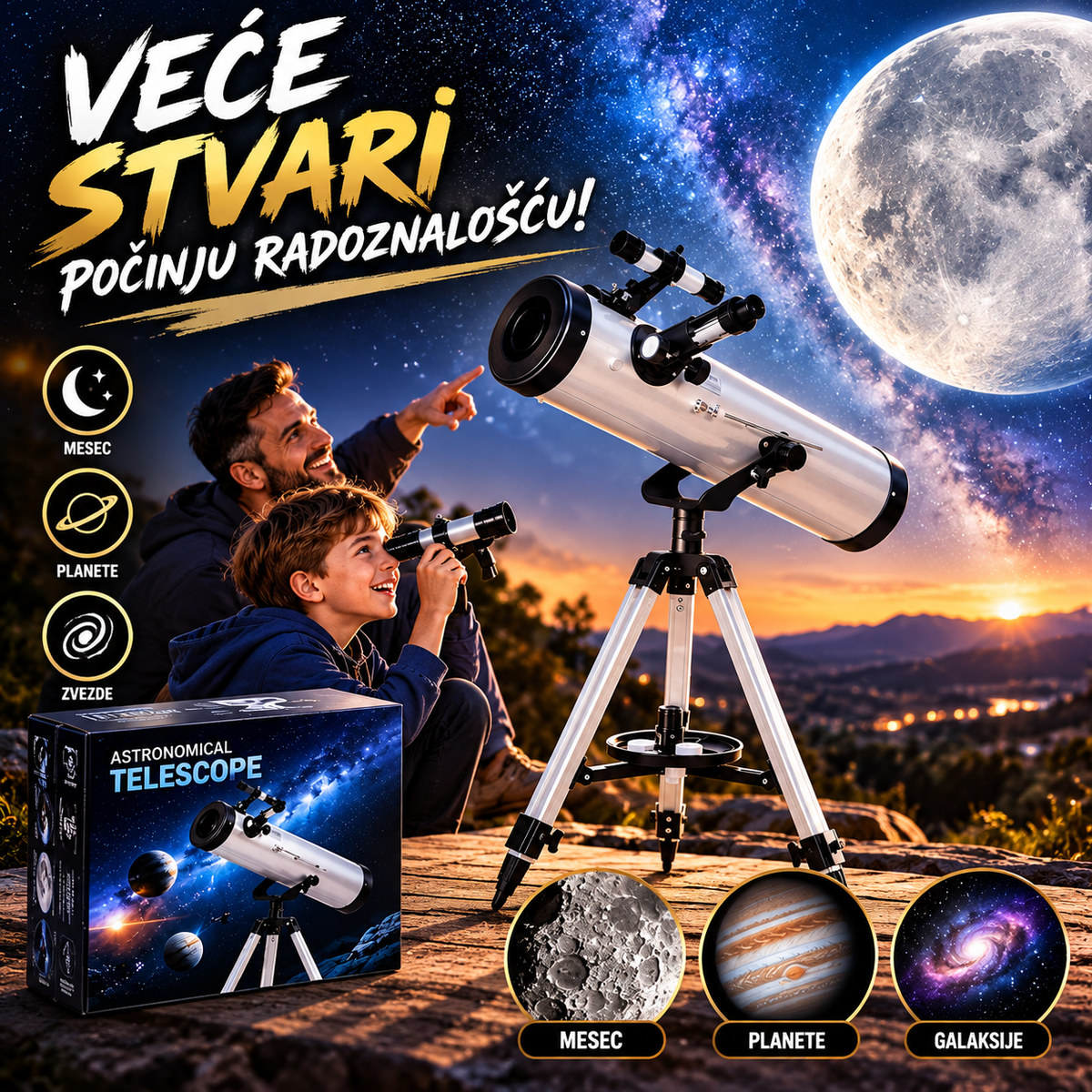 Astronomski Teleskop za Početnike i Decu – Profesionalni Teleskop sa Stativom za Posmatranje Meseca i Zvezda