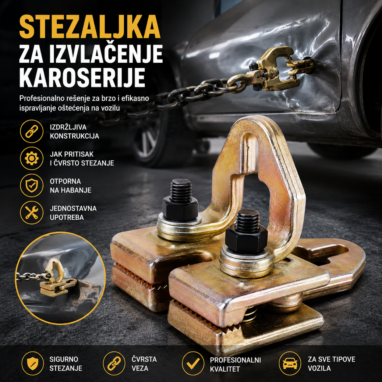 Stezaljka za izvlacenje karoserije automobila