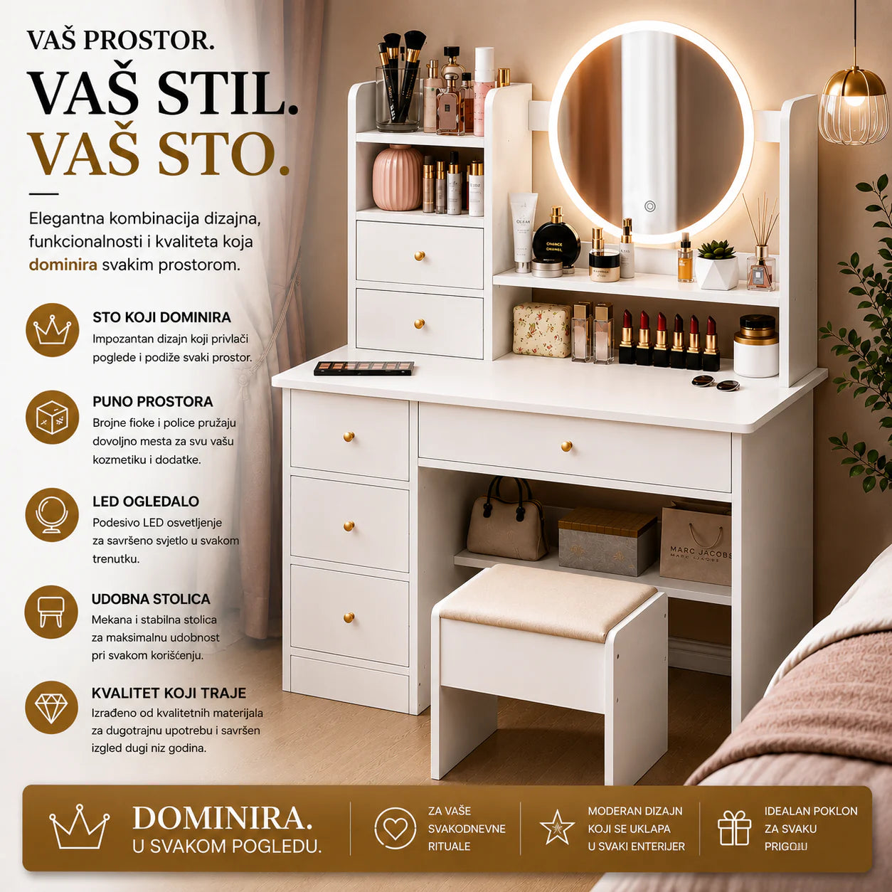 Sto za Šminkanje sa LED Ogledalom i Tabureom Lena
