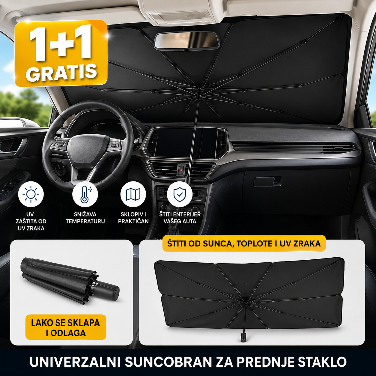 Suncobran za Auto Šoferšajbnu 1+1 GRATIS – Univerzalni Sklopivi Auto Suncobran za Prednje Staklo | UV Zaštita od Sunca i Toplote