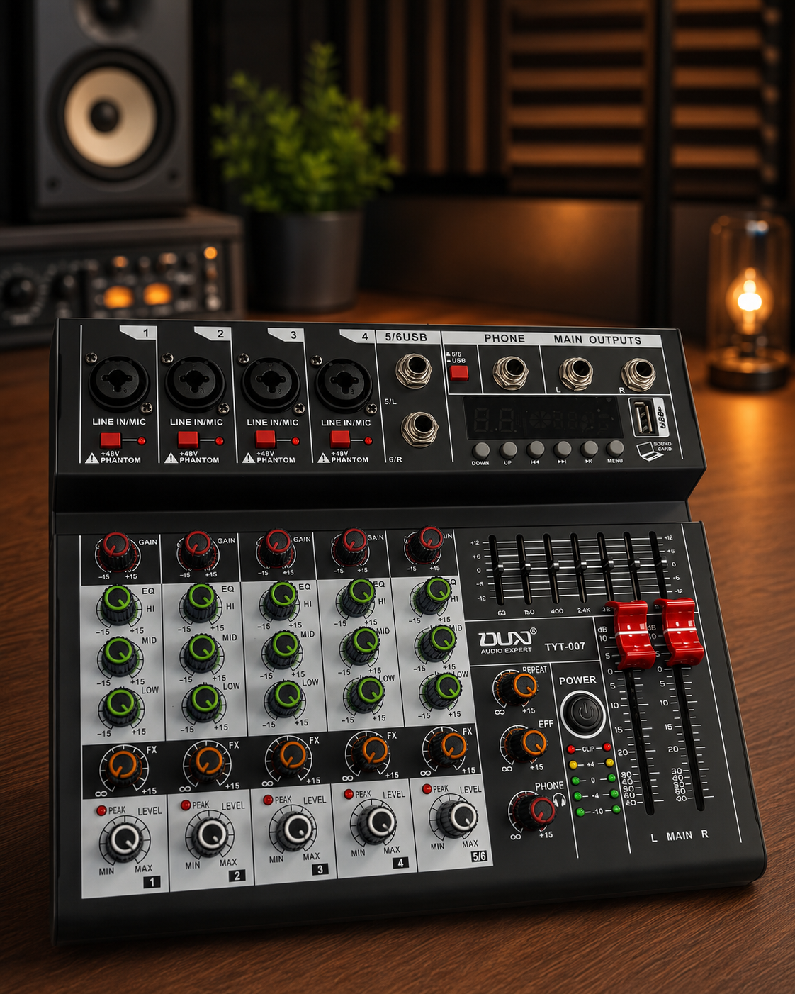 TYT-007 Profesionalna 6-Kanalna Audio Mikseta – Bluetooth, USB/MP3 Plejer, 48V Phantom, 3-Band EQ, DSP Efekti za DJ, Karaoke, Podcast, Studio i Live Nastupe