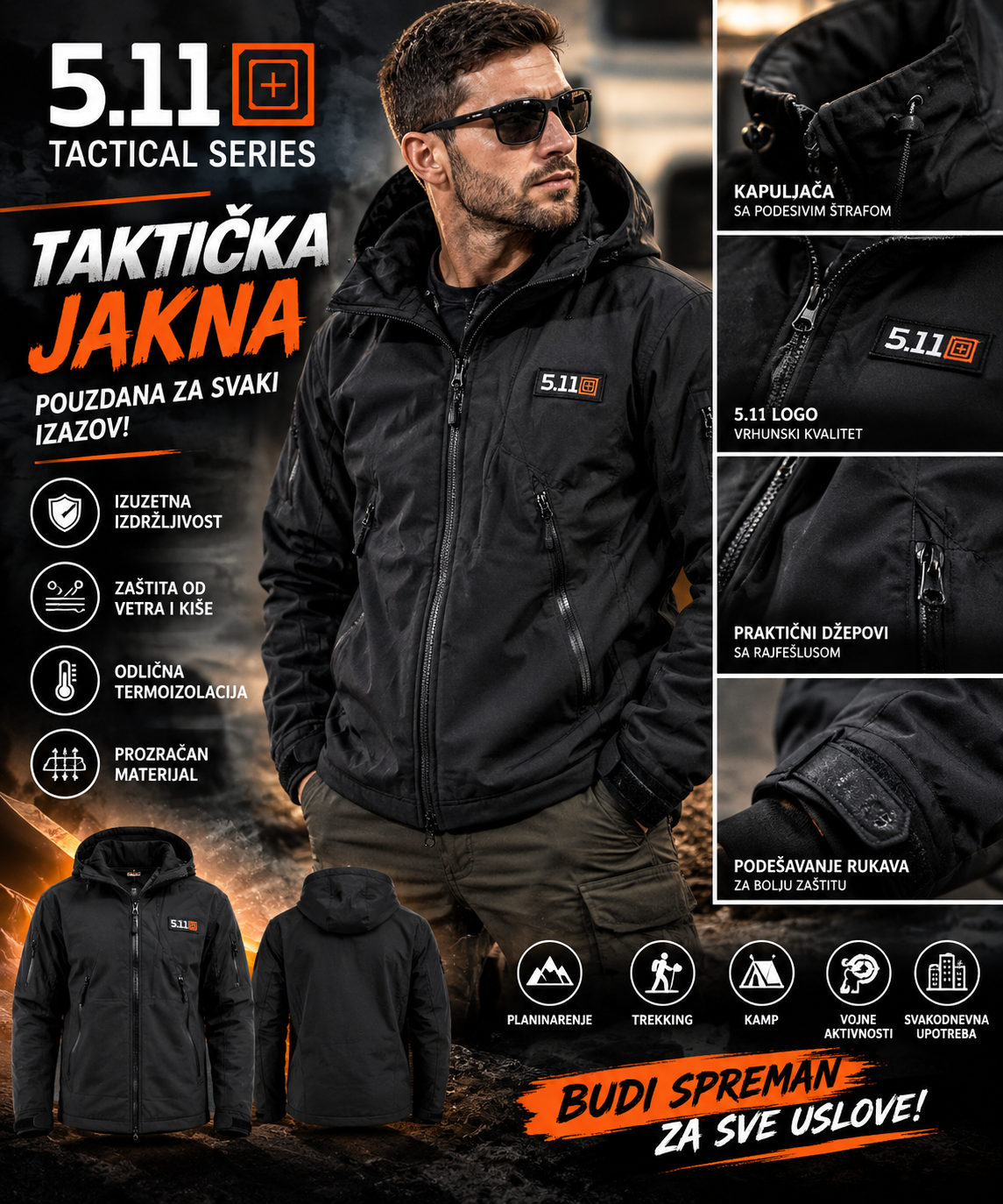 Taktička Jakna 5.11 – Muška Outdoor Jakna sa Kapuljačom i Više Džepova