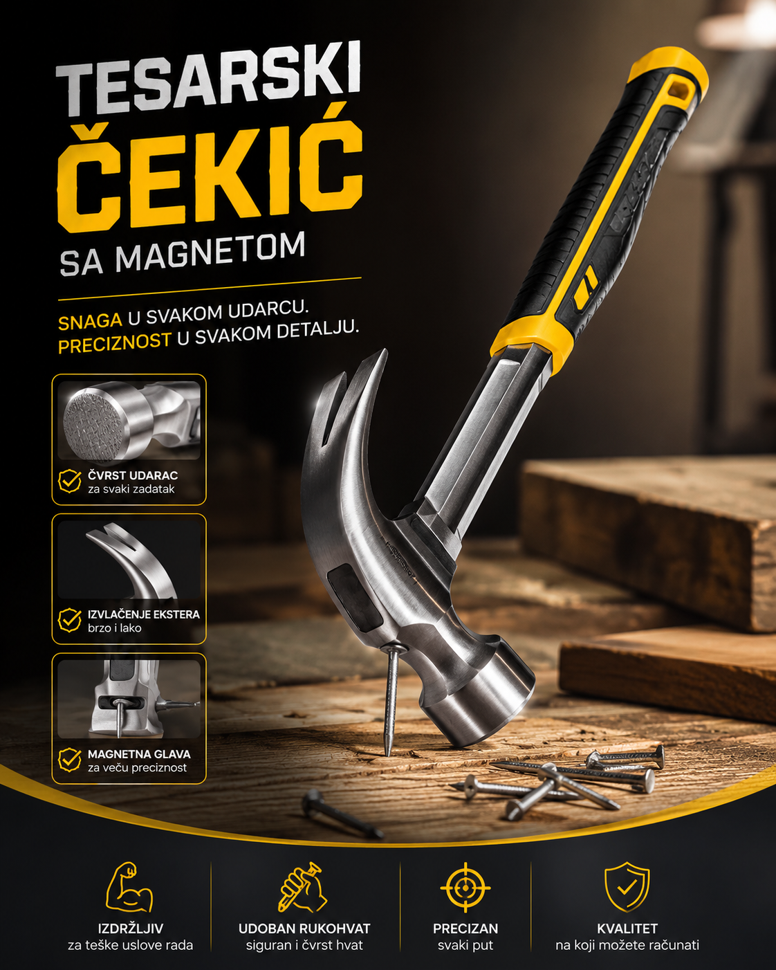 Tesarski Čekić sa Magnetom i Gumiranom Drškom – Profesionalni Čekić za Građevinu