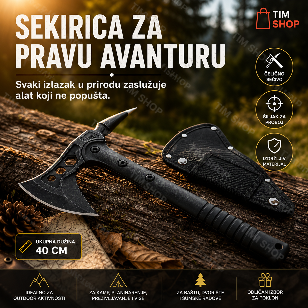 Tomahawk Sekirica za Outdoor i Rad u Prirodi 40 cm – Čelično Sečivo i Zaštitna Futrola
