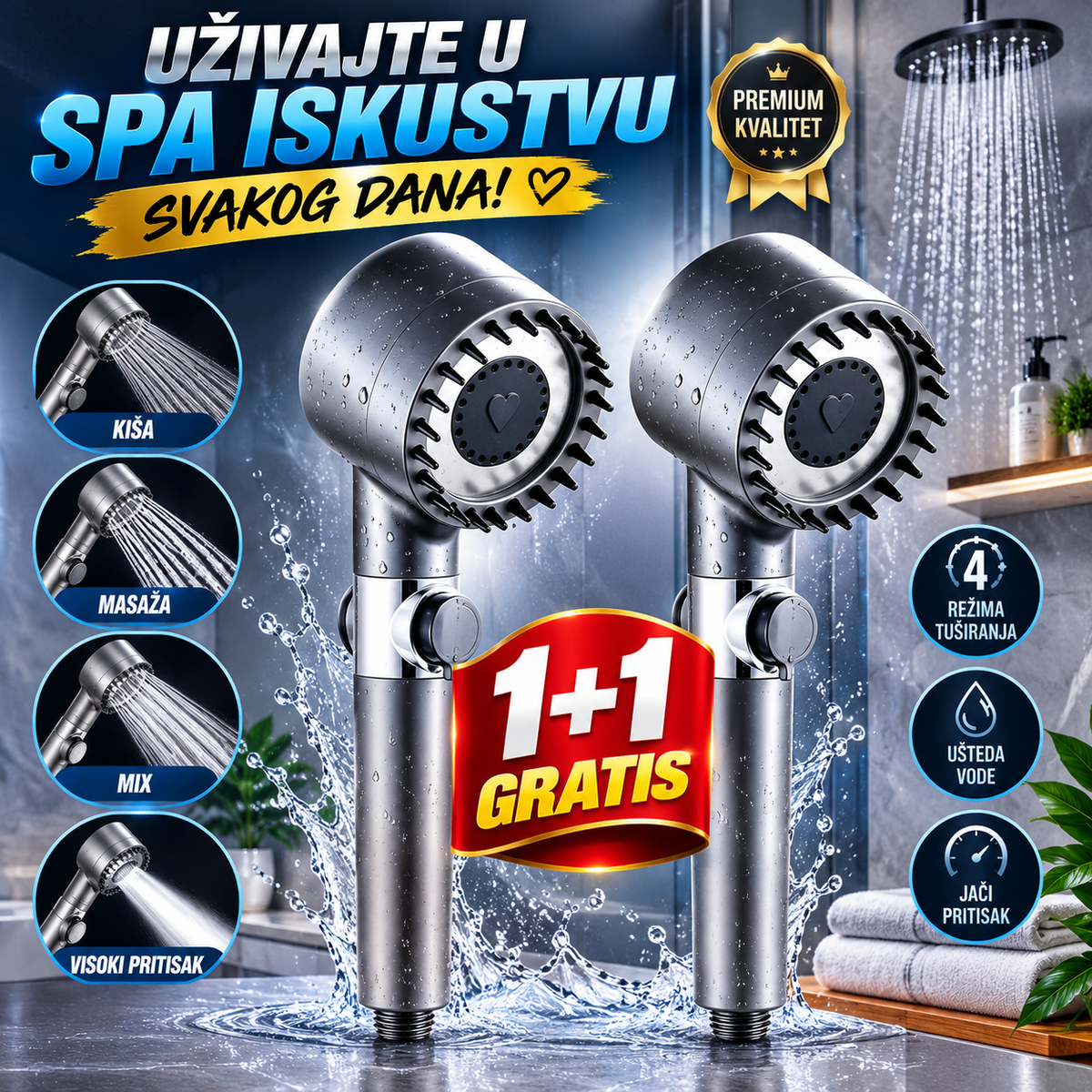 Tuš Glava 4u1 sa Masažom – Turbo Tuš Glava za Jači Pritisak Vode 1+1 GRATIS