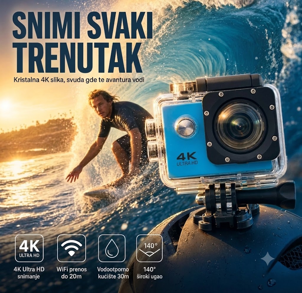 Go Pro Kamera 4K Ultra HD sa WiFi – Vodootporna Akciona Kamera za Snimanje Sporta, Putovanja i Avantura