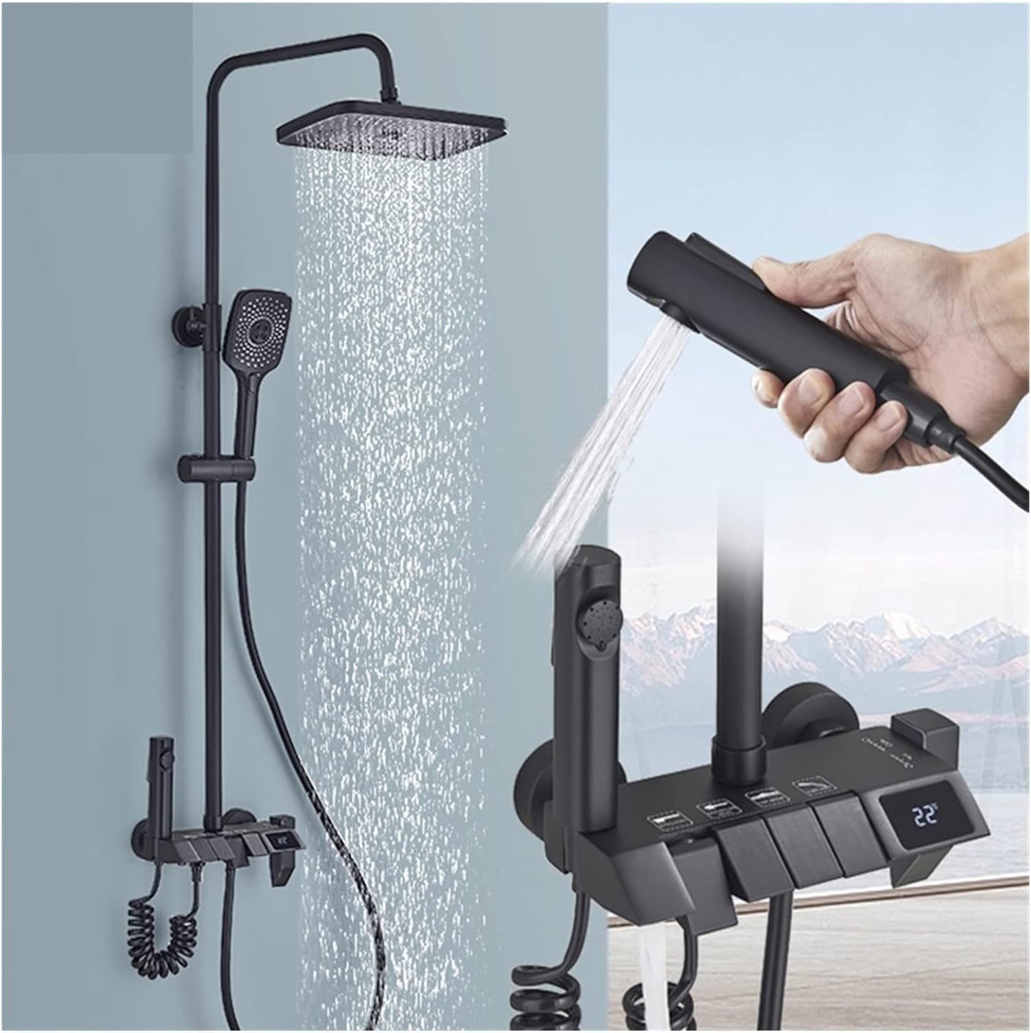 Usponski digitalni tuš sa prikazom temperature Crni 4u1