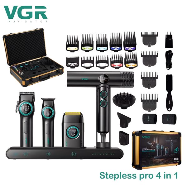 VGR Profesionalni Barber Set 4u1 – Mašinica, Trimer, Foil Brijač i Fen | Bežični Grooming Kit za Muškarce