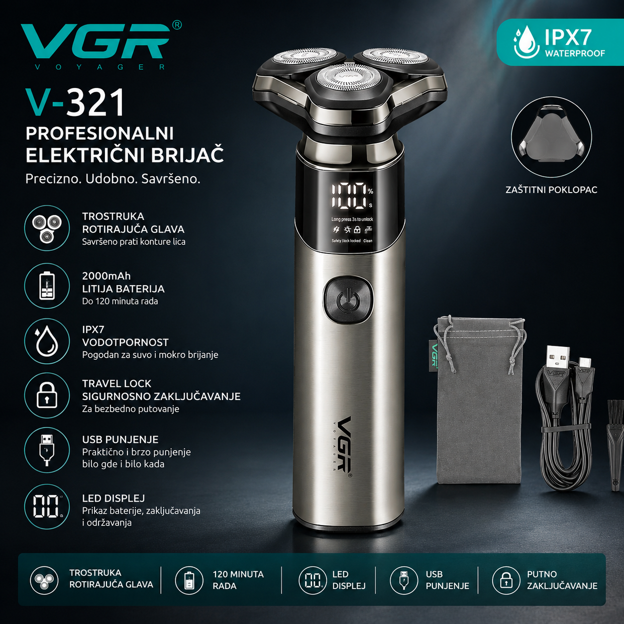 VGR V-321 Električni Brijač sa Trostrukim Rotirajućim Glavama – Profesionalni Aparat za Precizno i Udobno Brijanje