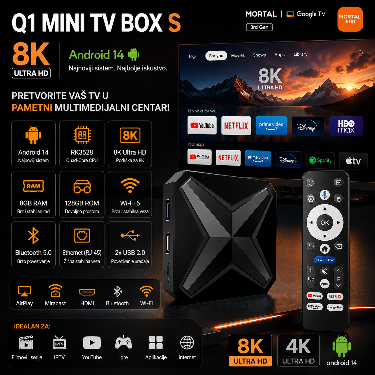 V Box S 8K Android 14 – Smart TV Box sa WiFi, 4K/8K Ultra HD, HDMI i Brzim Performansama