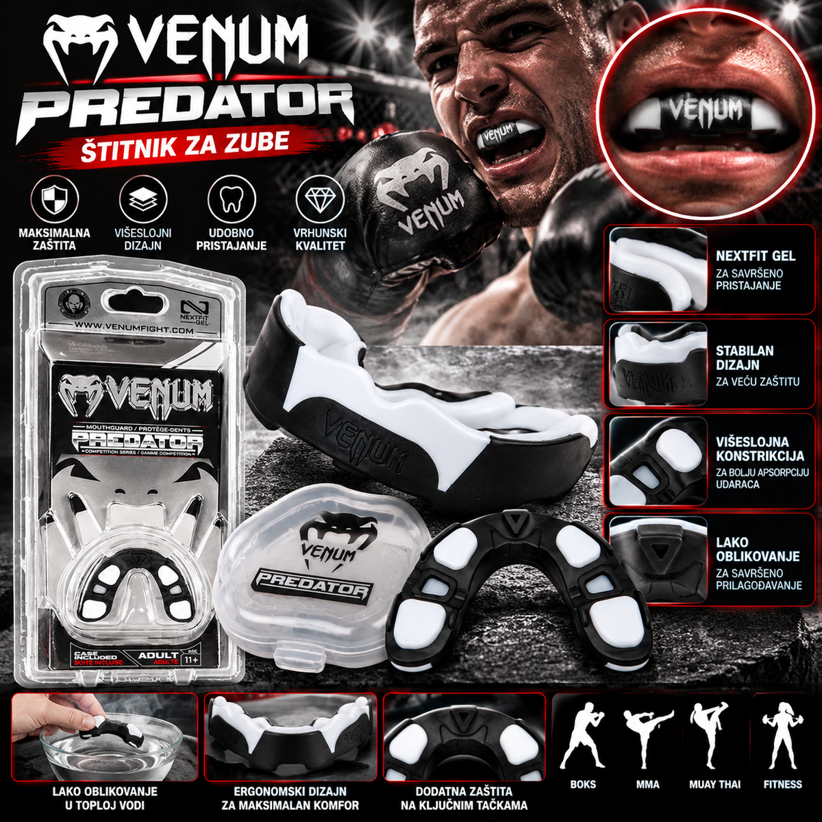 Venum Predator Štitnik za Zube – Crno-Beli, Zaštitna Guma za Boks, MMA i Borilačke Sportove