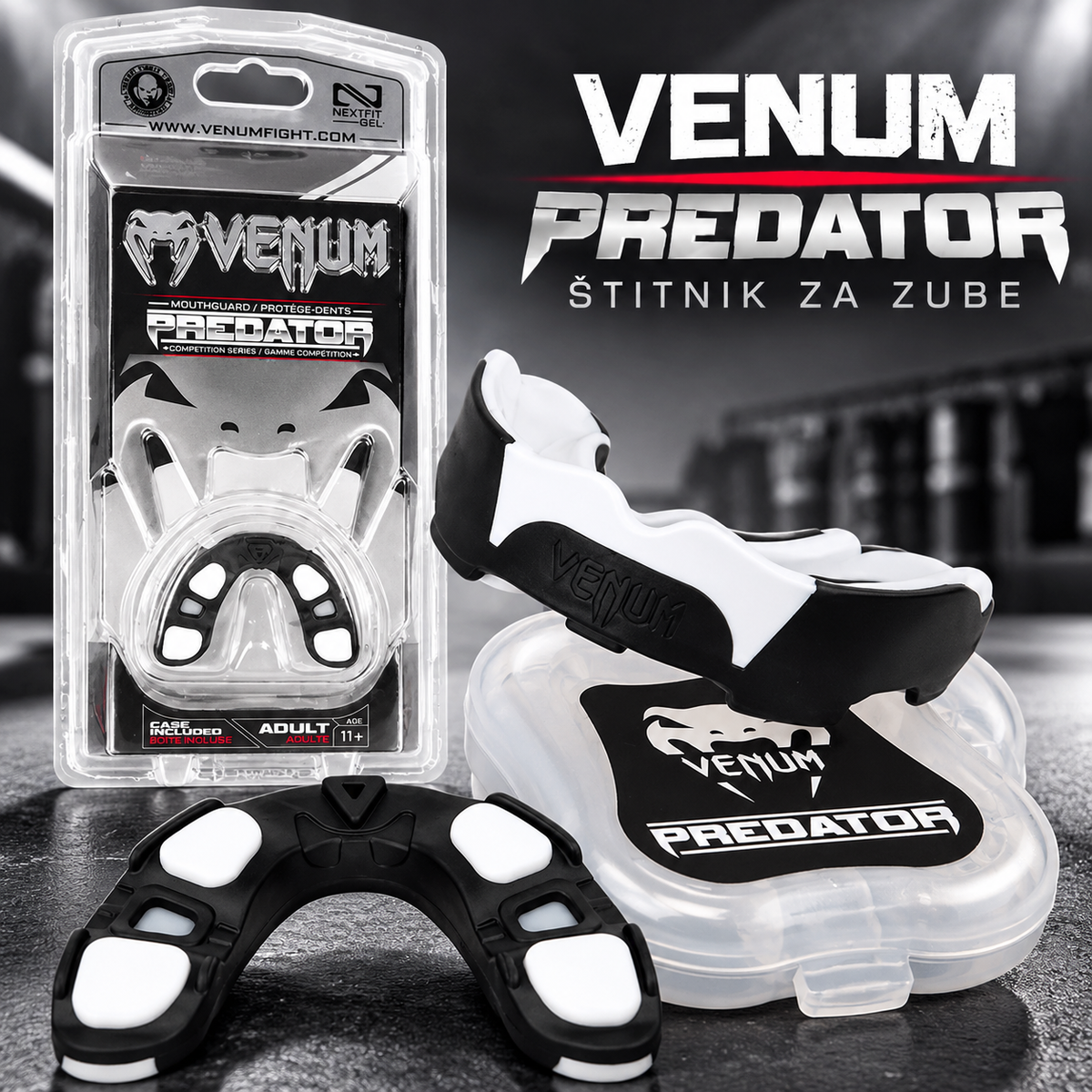 Venum Predator Štitnik za Zube – Crno-Beli, Zaštitna Guma za Boks, MMA i Borilačke Sportove