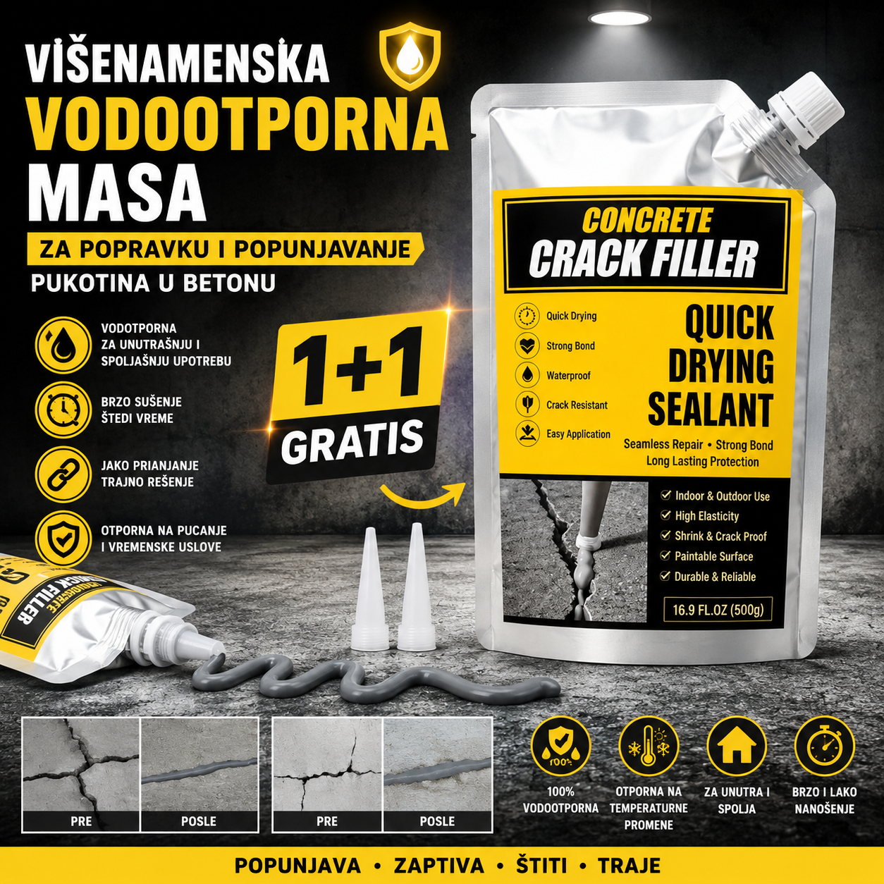Višenamenska vodootporna masa za popravku i popunjavanje pukotina u betonu 1+1 Gratis
