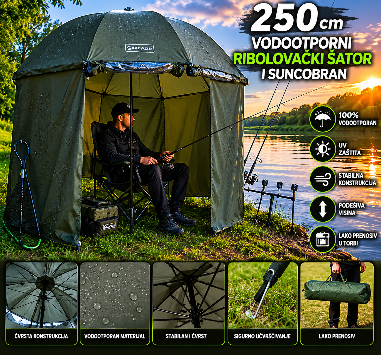 Ribolovački Suncobran Šator 250 cm – Vodootporni Suncobran za Pecanje i Kampovanje