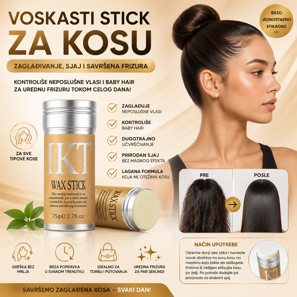 Voskasti Stick za Kosu 1+1 GRATIS – Trenutno Zaglađivanje Baby Hair Vlasi i Dugotrajno Učvršćivanje Frizure