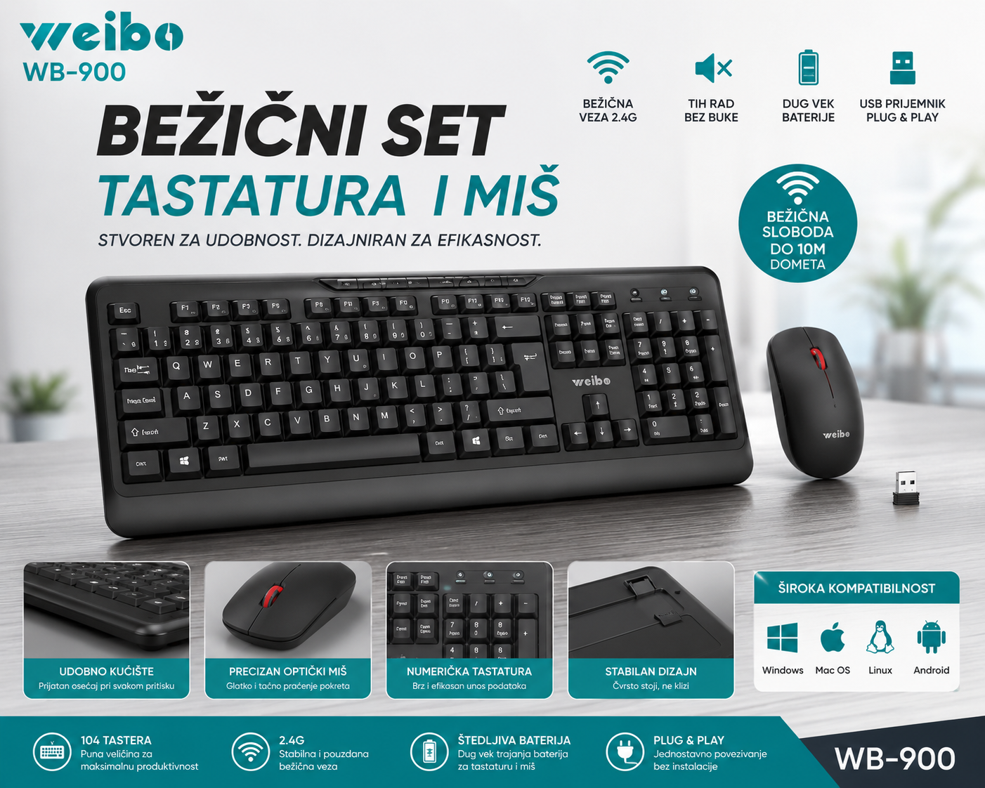 Weibo WB-900 Wireless Tastatura i Miš – Bežični Set za Kancelariju i Kuću, Precizan i Tih Rad