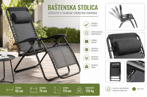 žaljka Stolica – Podesiva, Sklopiva, Nosivost 120kg | Udobna Relax Stolica za Dvorište i Terasu