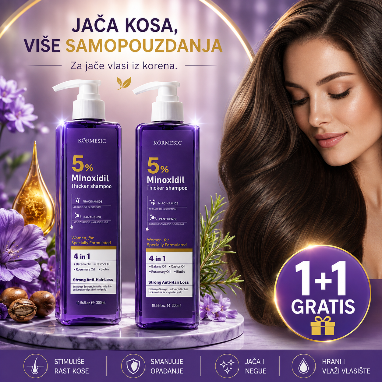 Šampon sa 5% Minoksidila za Negu Kose – Protiv Opadanja | 1+1 GRATIS