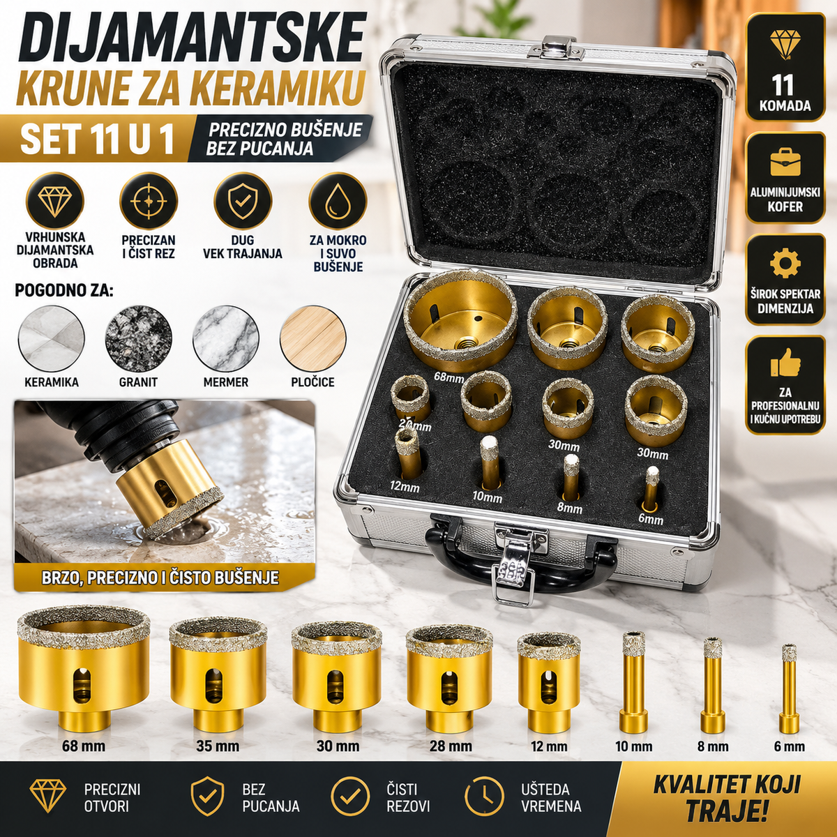 Dijamantske Krune za Keramiku 11 u 1 – Set Kruna za Bušenje Pločica, Granita, Mermera i Kamena