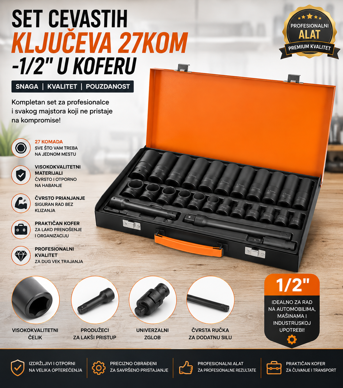 et Cevastih Ključeva 27 Komada 1/2" – Profesionalni Set Nasadnih Ključeva za Auto i Radionicu