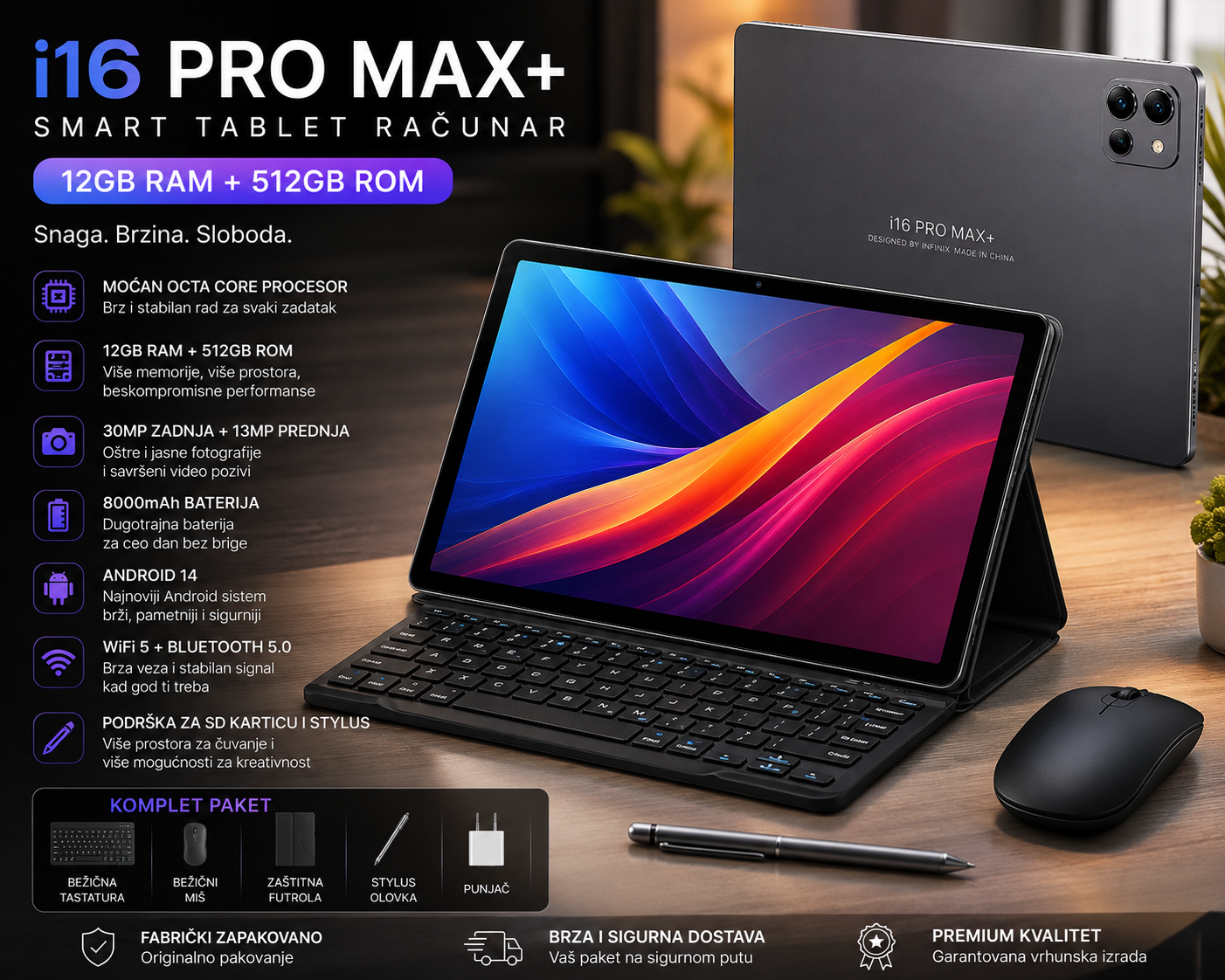i16 Pro Max+ Smart Tablet 12GB RAM 512GB ROM – Android 15, 5G, Veliki HD Ekran, Tastatura + Miš