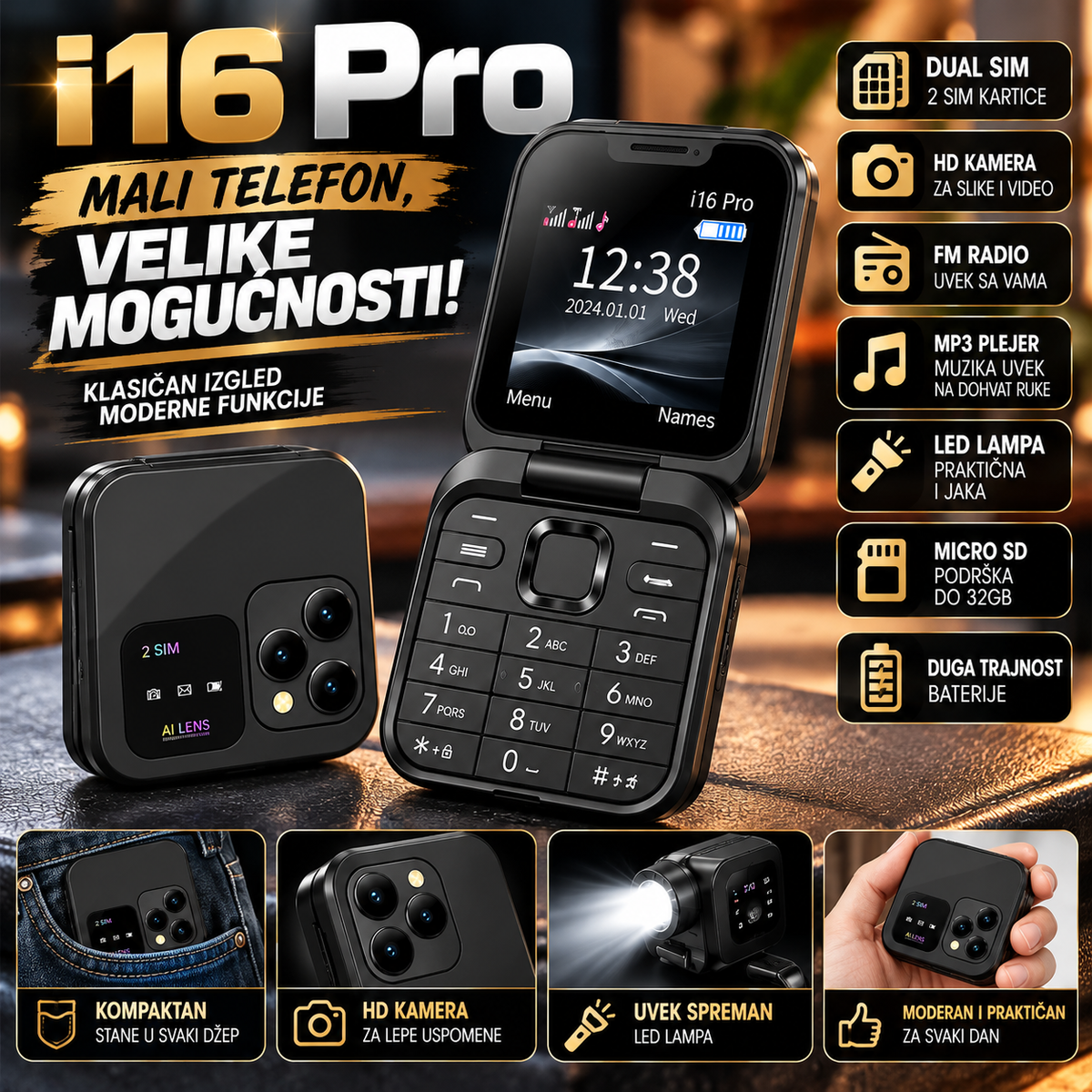 Mobilni Telefon i16 Pro na Preklop – Kompaktan Telefon sa Preklopnim Dizajnom