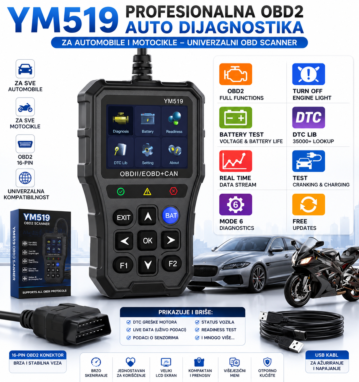 nostika za Automobile i Motocikle – Univerzalni OBD Scanner za Dijagnostiku Grešaka Motora