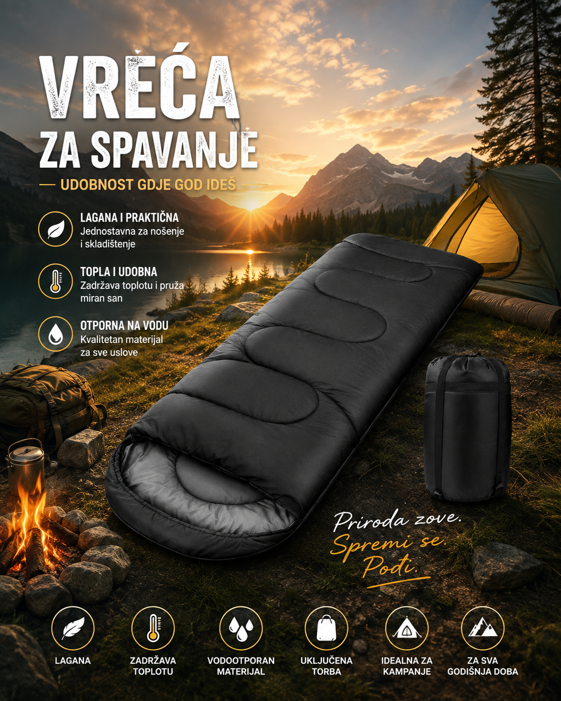 Vreća za Spavanje za Kampovanje – Lagana, Topla i Vodootporna | Idealna za Kamp, Planinarenje i Putovanja