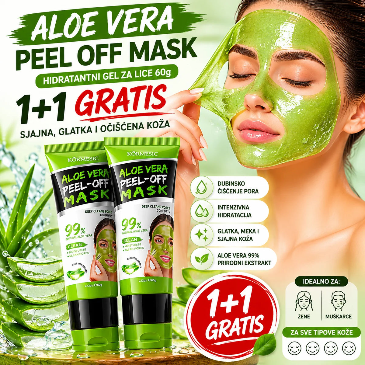 1+1 GRATIS AloeGlow Peel Off Maska sa Aloe Verom – Dubinsko Čišćenje Lica, Hidratacija i Sjajna Koža Bez Mitisera i Masnoće